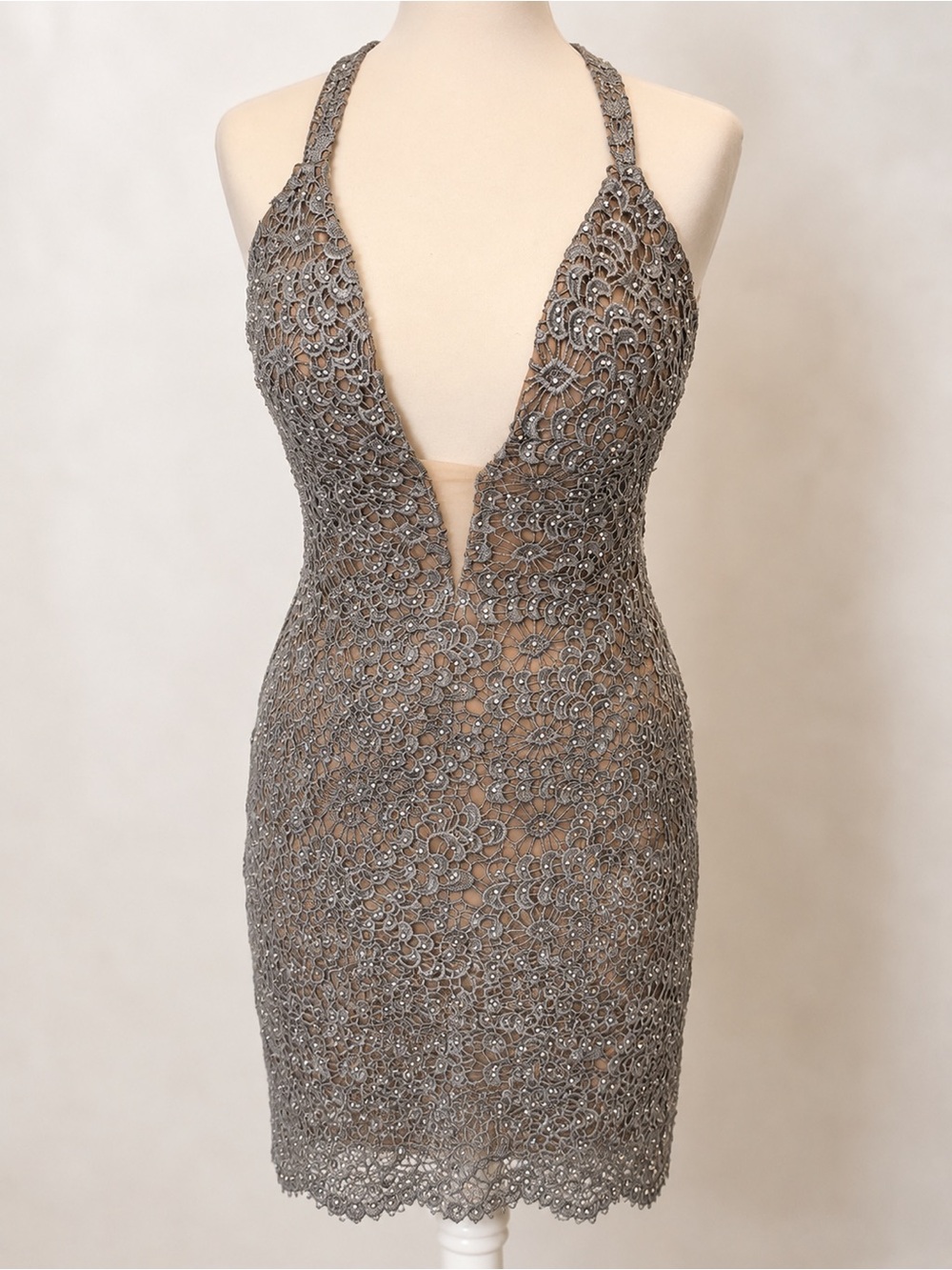 Jovani Size 12 Silver Gray Rhinestone Lace Plunge V Cocktail Formal Dress